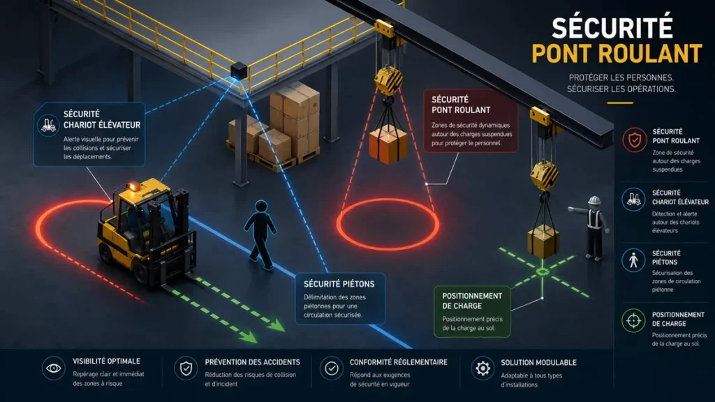 Schéma d'infographie expliquant les systèmes de sécurité laser pour ponts roulants, chariots élévateurs et zones piétonnes en milieu industriel.